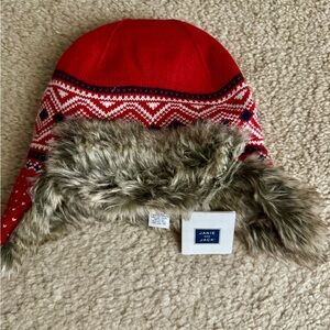 Janie and Jack Red Knit Hat with Faux Fur